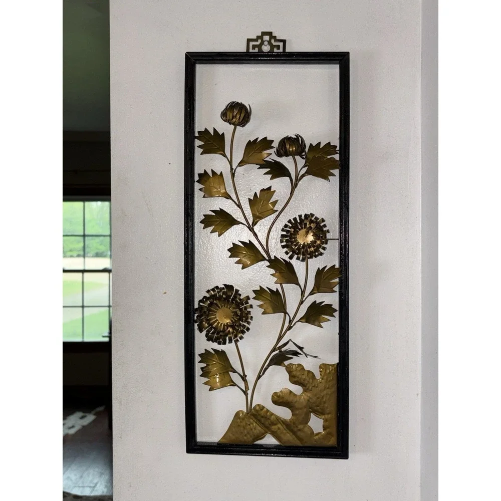VTG Brass Metal MCM 3D Floral Wall Plaques Set Of 2 Wood Frame Hanging 20